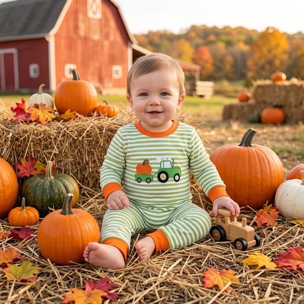 LR3036 RTS baby boy clothes pumpkin print embroidery boy fall clothes