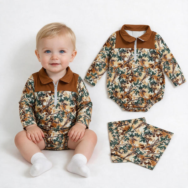 LR3048 RTS Hunting Camo Branches Zipper Baby Boys Romper