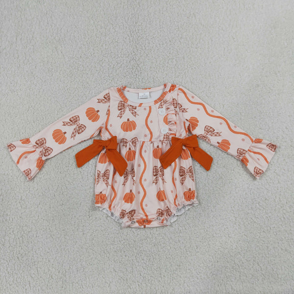 LR3083 RTS Girl Winter Bubble Winter Onesie cute bows Halloween Clothes Pumpkin fall Clothes