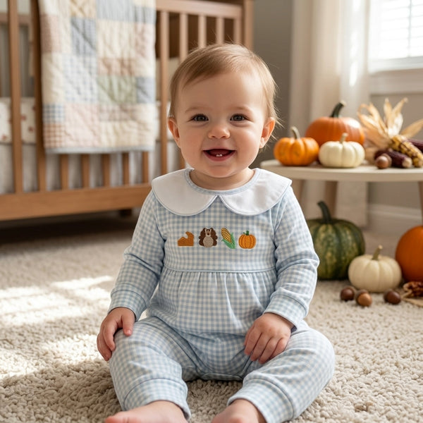 RTS LR3105 Baby Girl Clothing Thanksgiving Turkey and Pumpkin Print Embroidered Onesie for Girls