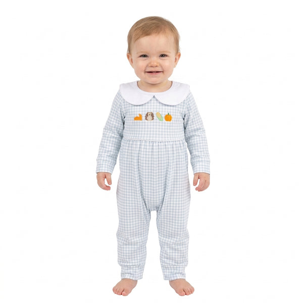 RTS LR3105 Baby Girl Clothing Thanksgiving Turkey and Pumpkin Print Embroidered Onesie for Girls