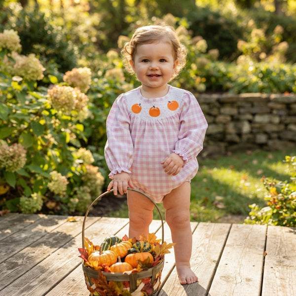 RTS LR3106 baby girl clothes pumpkin smocked print long sleeve romper