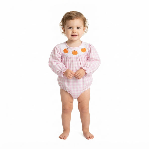 RTS LR3106 baby girl clothes pumpkin smocked print long sleeve romper