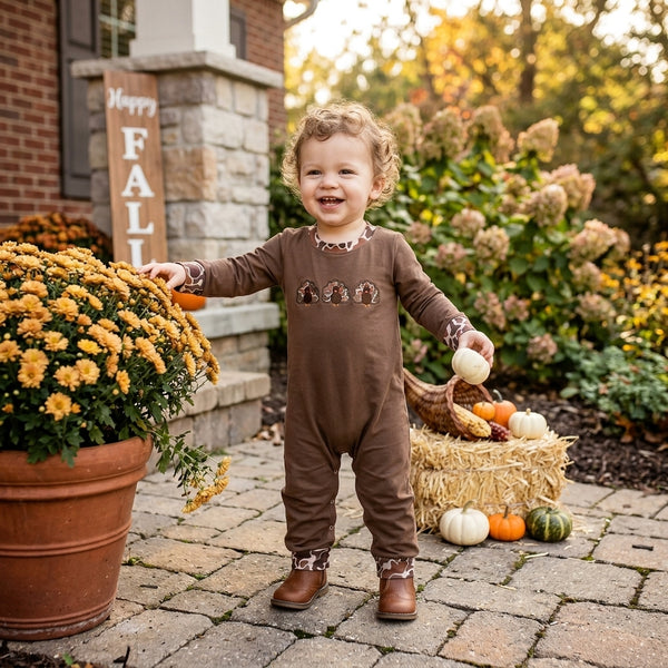 RTS LR3108 baby girl clothes thanksgiving turkey embroidery print long sleeve romper