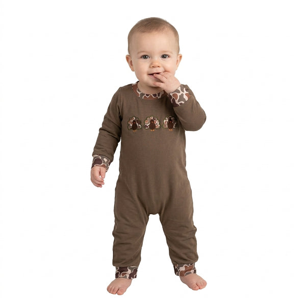 RTS LR3108 baby girl clothes thanksgiving turkey embroidery print long sleeve romper