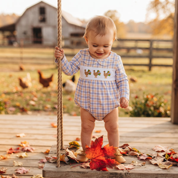 RTS LR3250 baby romper thanksgiving turkey embroidery plaid long sleeve romper
