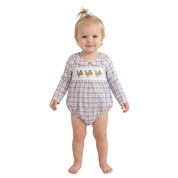 RTS LR3250 baby romper thanksgiving turkey embroidery plaid long sleeve romper