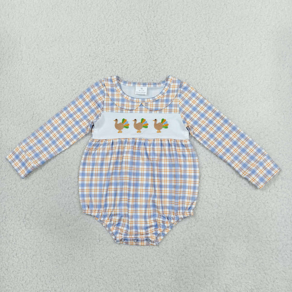 RTS LR3250 baby romper thanksgiving turkey embroidery plaid long sleeve romper