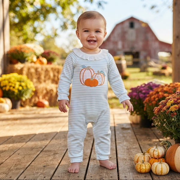 RTS LR3137 baby clothes pumpkin embroidery stripe print long sleeve romper