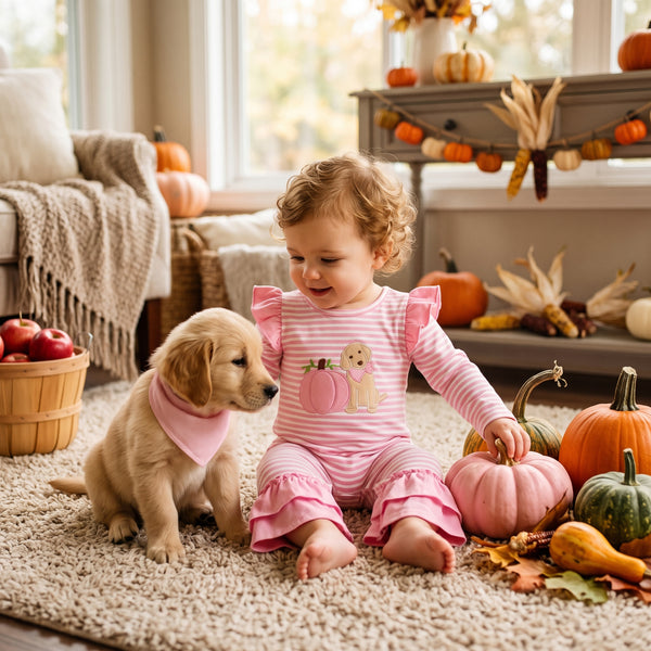 LR3140 RTS baby girl clothes puppy pumpkin embroidery baby fall clothes winter romper