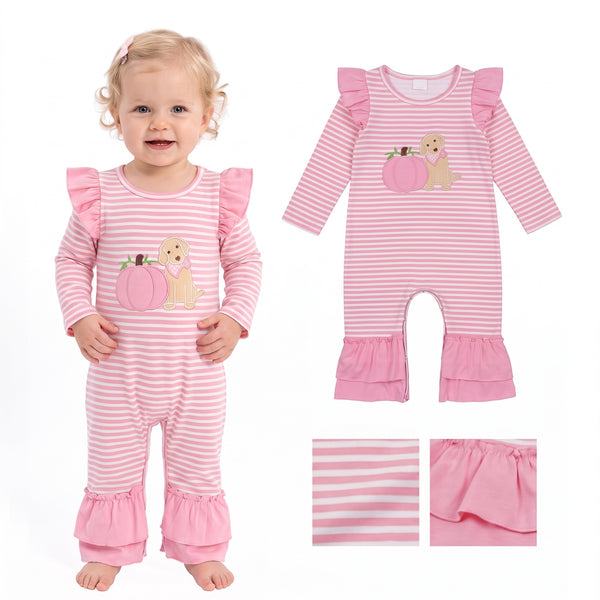 LR3140 RTS baby girl clothes puppy pumpkin embroidery baby fall clothes winter romper