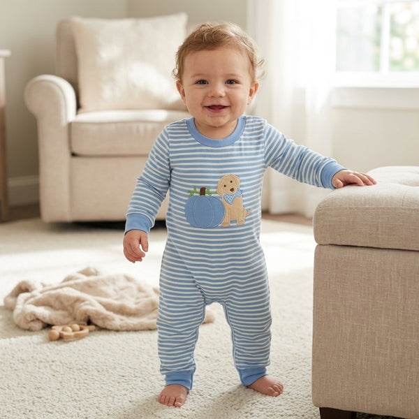 RTS LR3141 embroidery baby boy clothes stripe pumpkin embroidery toddler halloween romper