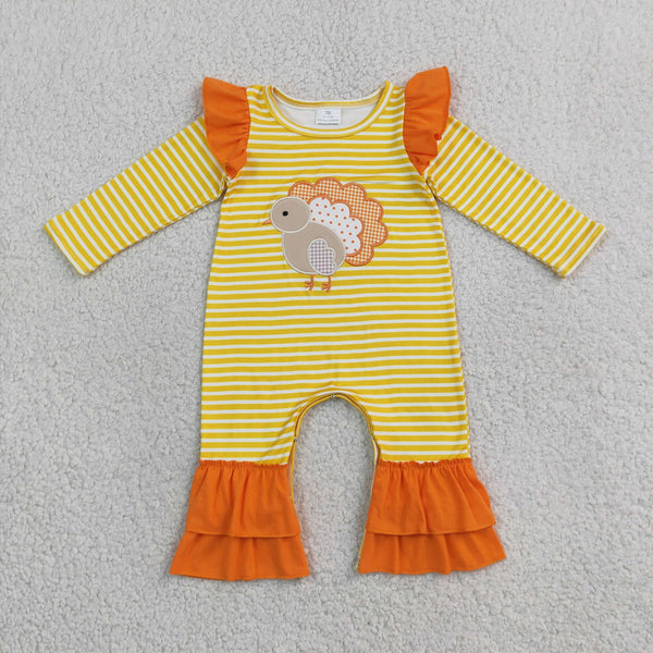 RTS LR3144 baby girl clothes thanksgiving turkey embroidery print long sleeve romper