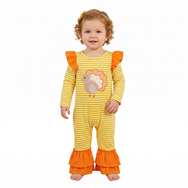 RTS LR3144 baby girl clothes thanksgiving turkey embroidery print long sleeve romper