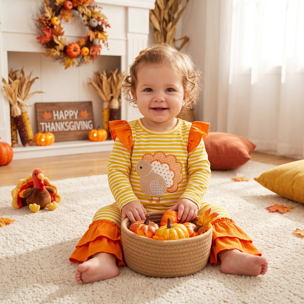 RTS LR3144 baby girl clothes thanksgiving turkey embroidery print long sleeve romper