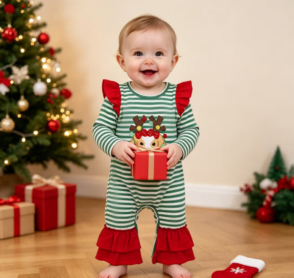 RTS LR3145 baby girl clothes christmas deer embroidery print long sleeve romper