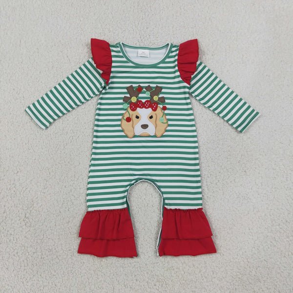 RTS LR3145 baby girl clothes christmas deer embroidery print long sleeve romper