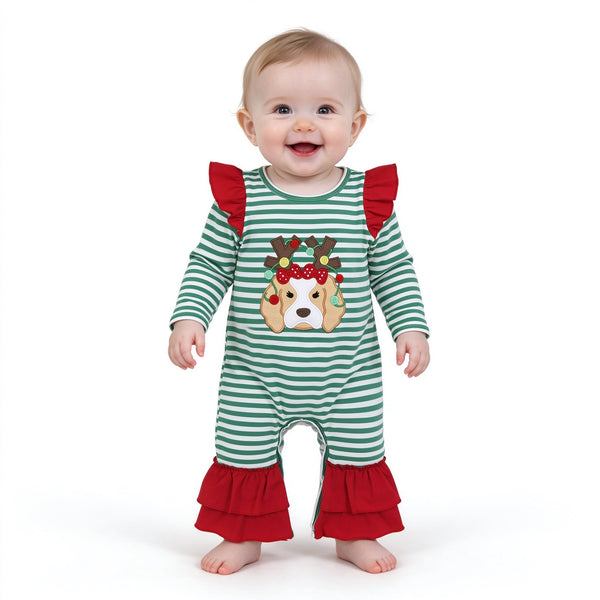 RTS LR3145 baby girl clothes christmas deer embroidery print long sleeve romper