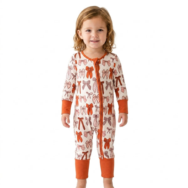 RTS LR3158  baby girl clothes bow print toddler girl long sleeve romper zip romper halloween clothes
