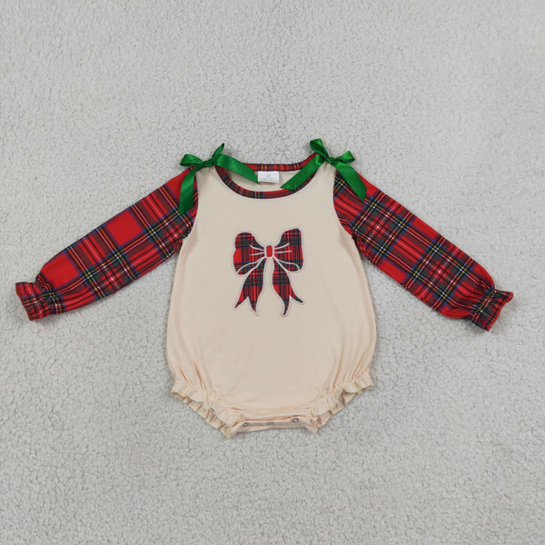 RTS LR3163 baby clothes embroidery bow plaid print long sleeve romper