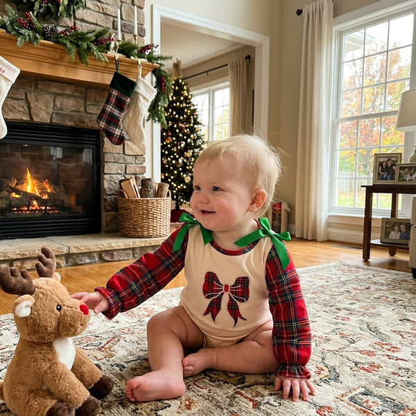 RTS LR3163 baby clothes embroidery bow plaid print long sleeve romper