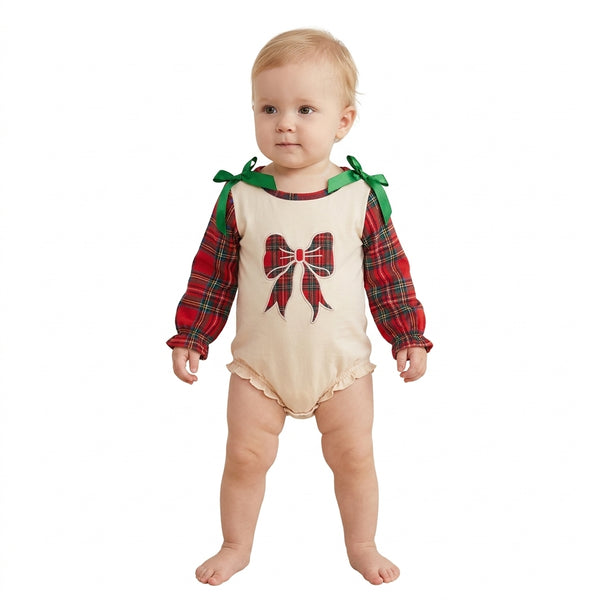 RTS LR3163 baby clothes embroidery bow plaid print long sleeve romper