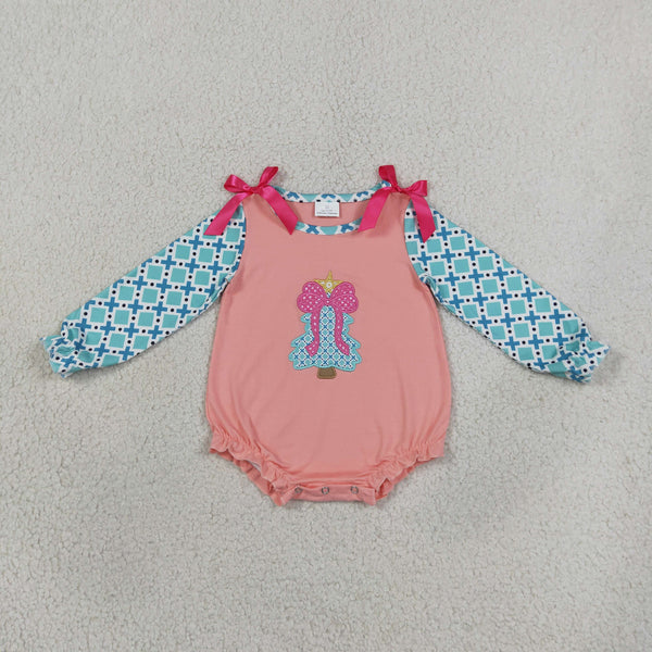 RTS LR3164 baby girl clothes christmas bow embroidery print long sleeve romper
