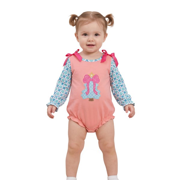 RTS LR3164 baby girl clothes christmas bow embroidery print long sleeve romper