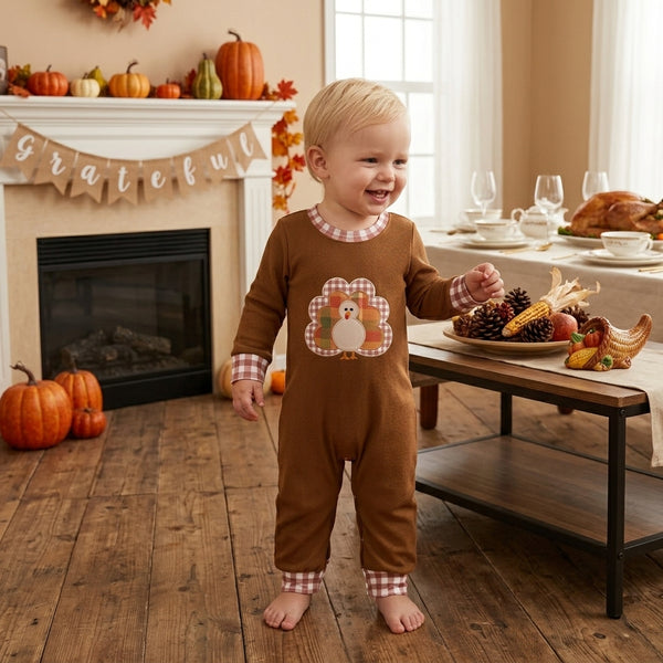 RTS LR3170 baby romper thanksgiving clothes turkey embroidery long sleeve romper