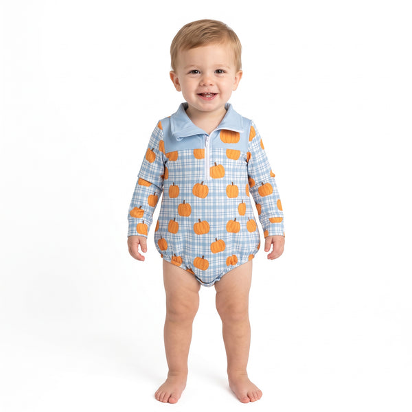 RTS LR3201 baby clothes pumpkin gingham print long sleeve romper