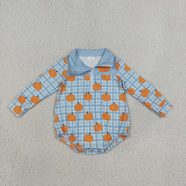 RTS LR3201 baby clothes pumpkin gingham print long sleeve romper