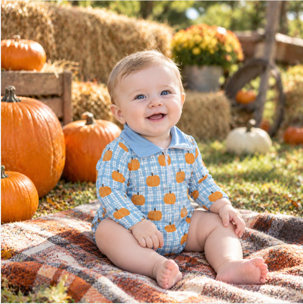 RTS LR3201 baby clothes pumpkin gingham print long sleeve romper