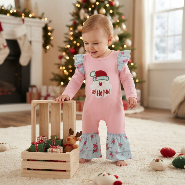RTS LR3215 baby girl christmas clothes santa embroidery long sleeve romper