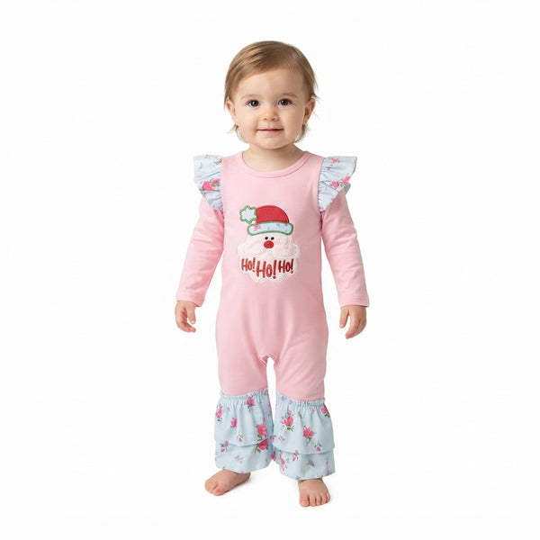 RTS LR3215 baby girl christmas clothes santa embroidery long sleeve romper