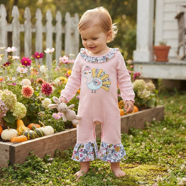 RTS LR3216 baby romper thanksgiving turkey embroidery long sleeve romper