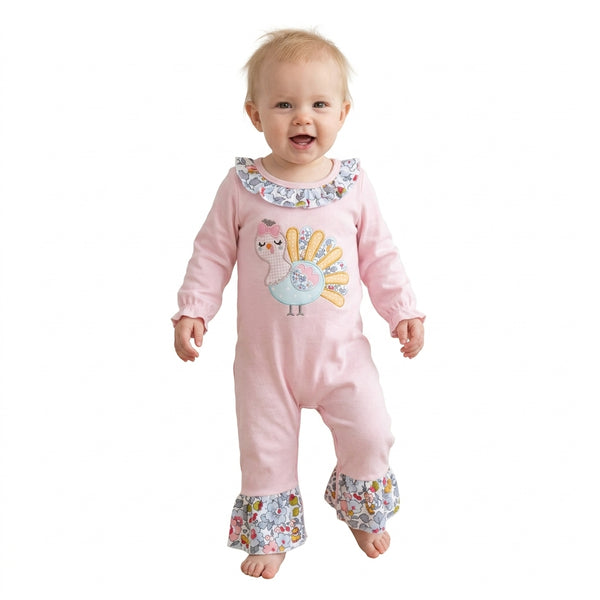 RTS LR3216 baby romper thanksgiving turkey embroidery long sleeve romper