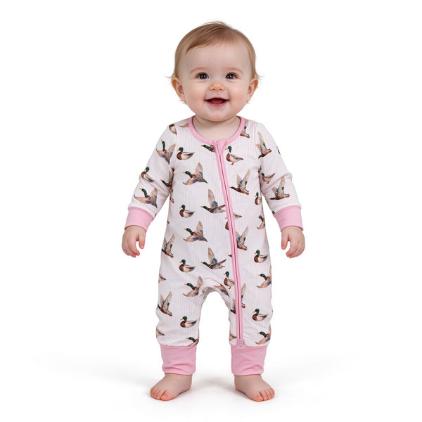 RTS LR3218 baby girl clothes mallards duck zip romper onesie
