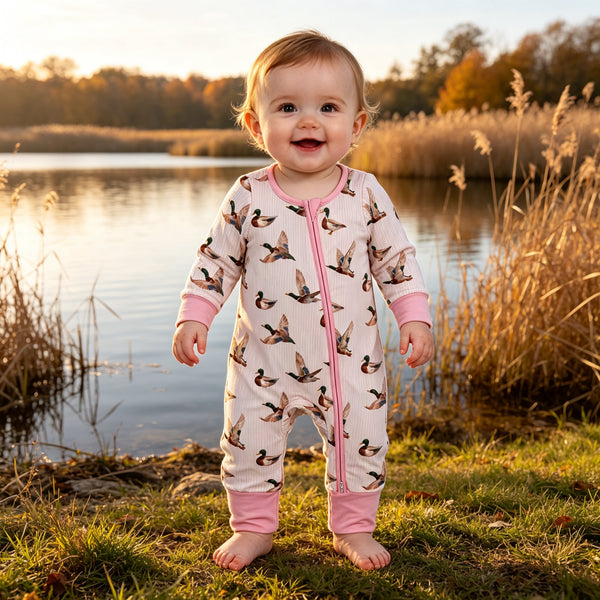 RTS LR3218 baby girl clothes mallards duck zip romper onesie