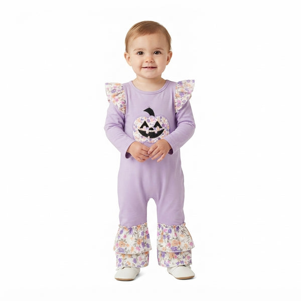 RTS LR3221 baby girl clothes halloween pumpkin embroidery print long sleeve romper