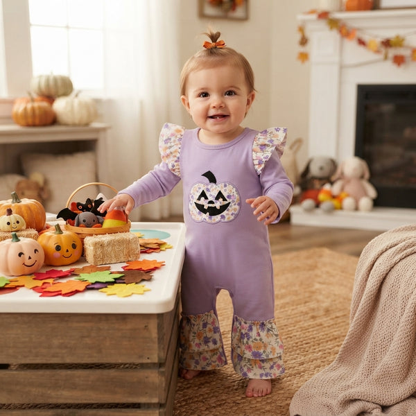 RTS LR3221 baby girl clothes halloween pumpkin embroidery print long sleeve romper