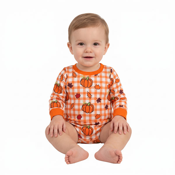 RTS LR3236 baby boy clothes halloween pumpkin check print long sleeve romper