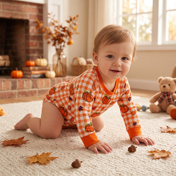 RTS LR3236 baby boy clothes halloween pumpkin check print long sleeve romper