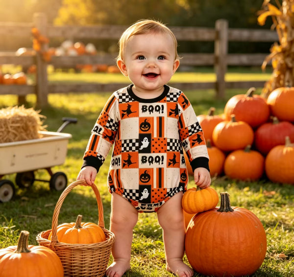 RTS LR3239 baby girl clothes halloween ghost pumpkin check print long sleeve romper