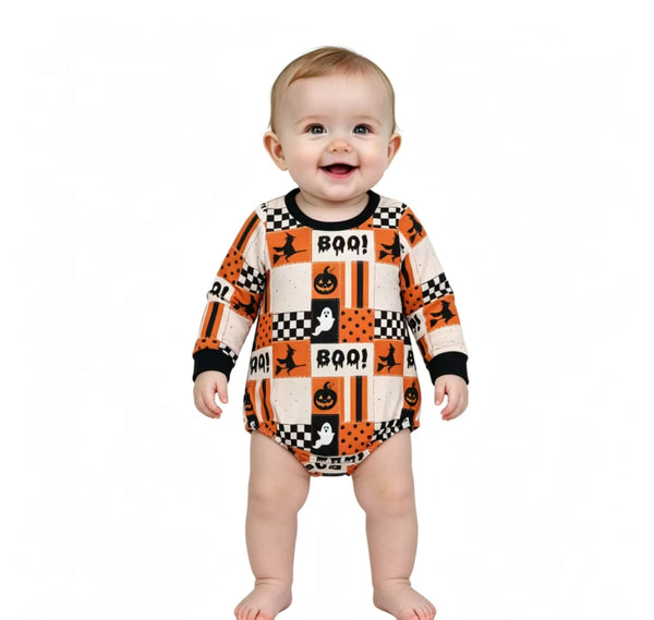 RTS LR3239 baby girl clothes halloween ghost pumpkin check print long sleeve romper