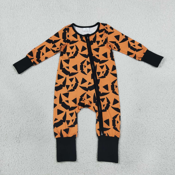RTS Matching clothing kids halloween pumpkin face print baby long sleeve romper and pajama set-2026.10.7