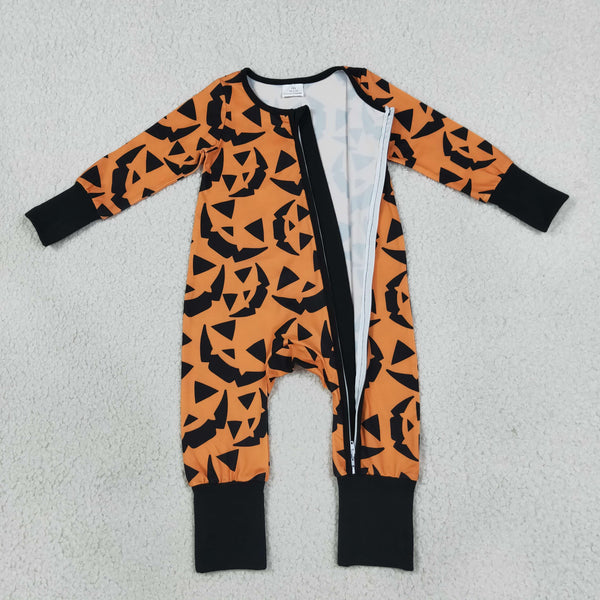 RTS Matching clothing kids halloween pumpkin face print baby long sleeve romper and pajama set-2026.10.7