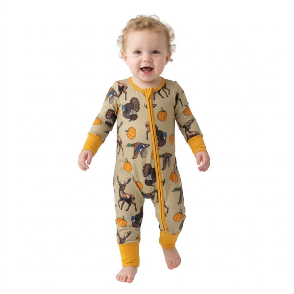 RTS LR3251 baby boy clothes halloween deer pumpkin print long sleeve romper zip romper