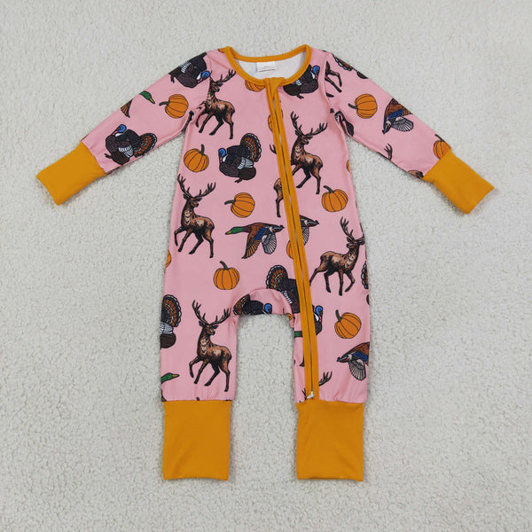 RTS LR3252 baby girl clothes thanksgiving deer turkey pumpkin print long sleeve romper