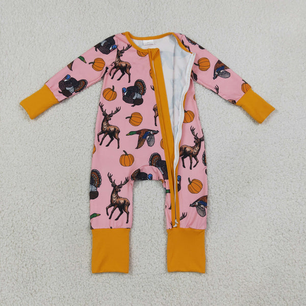RTS LR3252 baby girl clothes thanksgiving deer turkey pumpkin print long sleeve romper