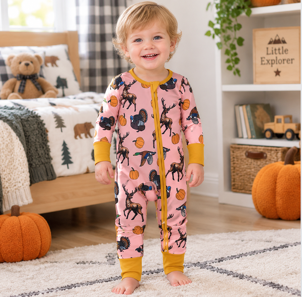 RTS LR3252 baby girl clothes thanksgiving deer turkey pumpkin print long sleeve romper